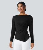 Boat Neck Long Sleeve Ruched Asymmetrical Hem Slim Work Blouse — Black — view 6