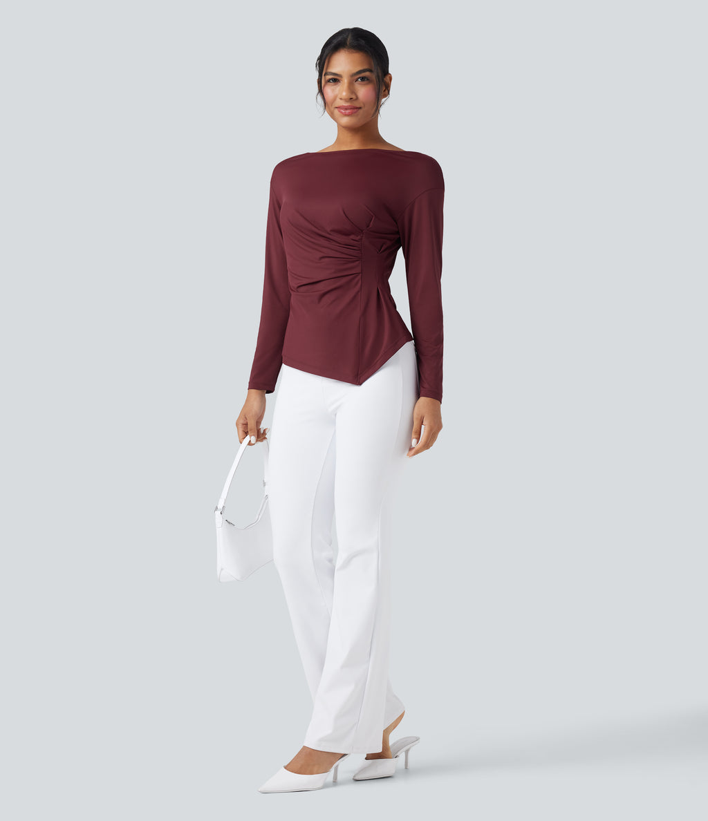 Boat Neck Long Sleeve Ruched Asymmetrical Hem Slim Work Blouse — Chocolate Truffle — view 5