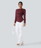 Boat Neck Long Sleeve Ruched Asymmetrical Hem Slim Work Blouse — Chocolate Truffle — view 5