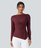 Boat Neck Long Sleeve Ruched Asymmetrical Hem Slim Work Blouse — Chocolate Truffle — view 2