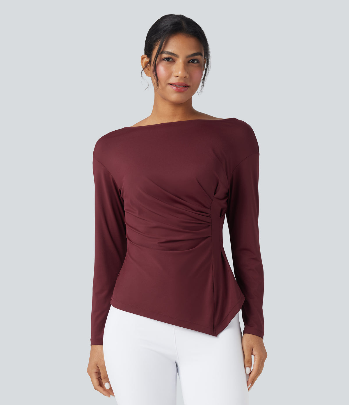 Boat Neck Long Sleeve Ruched Asymmetrical Hem Slim Work Blouse — Chocolate Truffle — view 2
