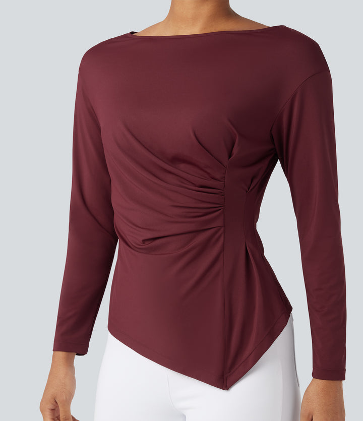 Boat Neck Long Sleeve Ruched Asymmetrical Hem Slim Work Blouse — Chocolate Truffle — view 1