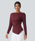 Boat Neck Long Sleeve Ruched Asymmetrical Hem Slim Work Blouse — Chocolate Truffle — view 4