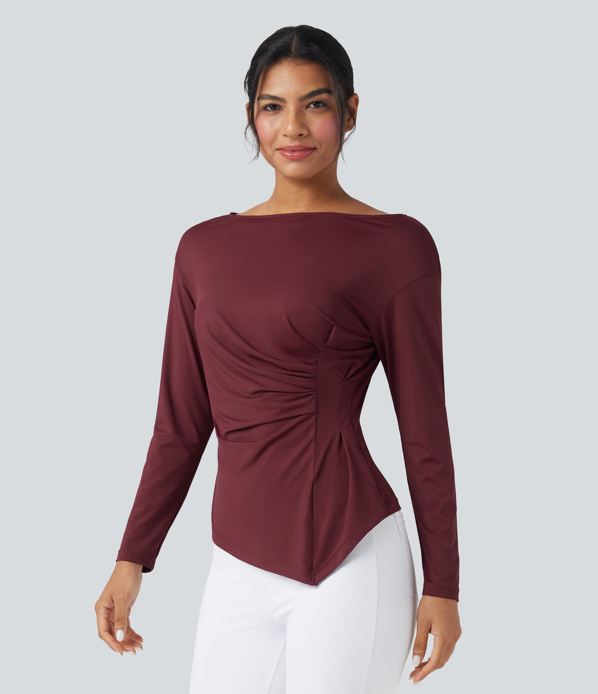 Boat Neck Long Sleeve Ruched Asymmetrical Hem Slim Work Blouse — Chocolate Truffle — view 4