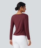 Boat Neck Long Sleeve Ruched Asymmetrical Hem Slim Work Blouse — Chocolate Truffle — view 3