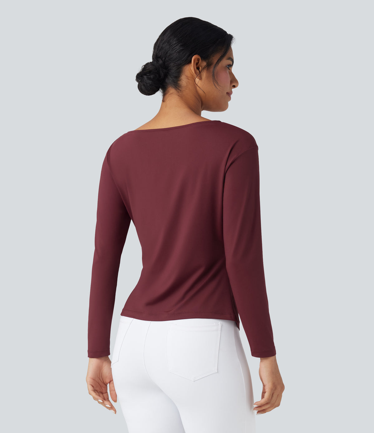 Boat Neck Long Sleeve Ruched Asymmetrical Hem Slim Work Blouse — Chocolate Truffle — view 3