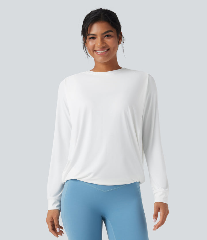 Round Neck Long Sleeve Ruched Yoga Sports Top-UPF50+ — White — view 1