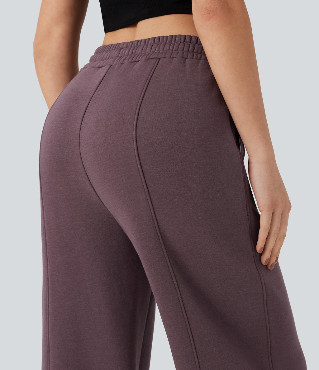 High Waisted Drawstring Straight Leg Fleece Casual Cotton Trousers with Pockets — Flint — view 7