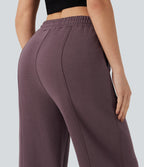 High Waisted Drawstring Straight Leg Fleece Casual Cotton Trousers with Pockets — Flint — view 7