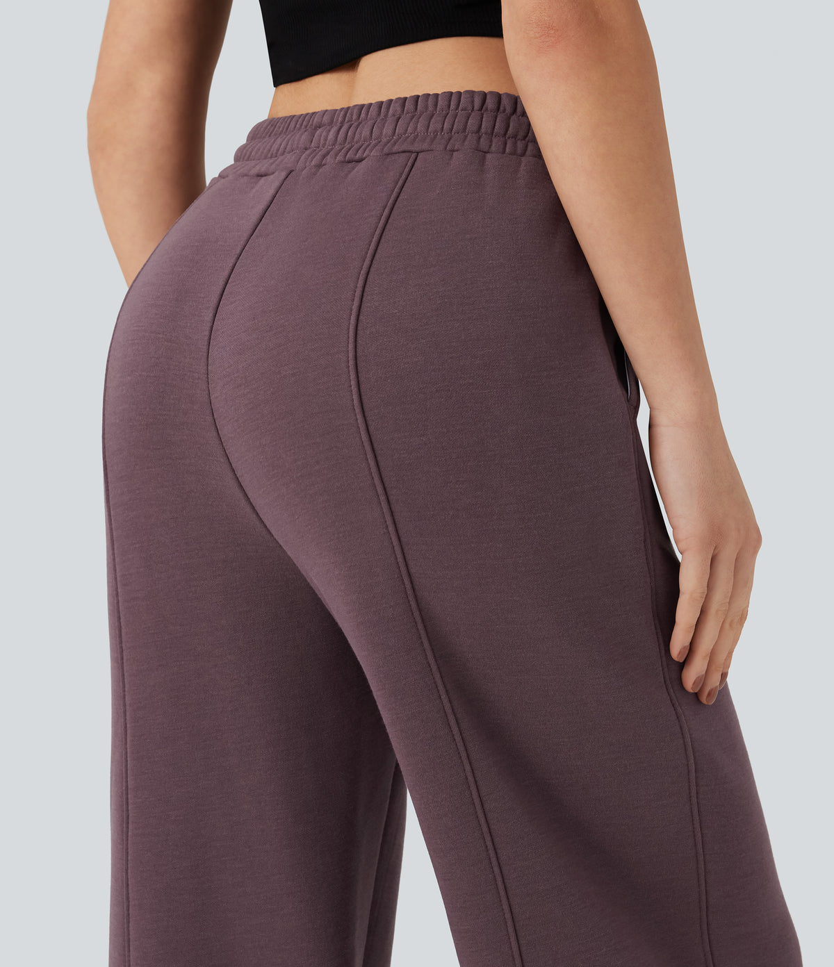 High Waisted Drawstring Straight Leg Fleece Casual Cotton Trousers with Pockets — Flint — view 7