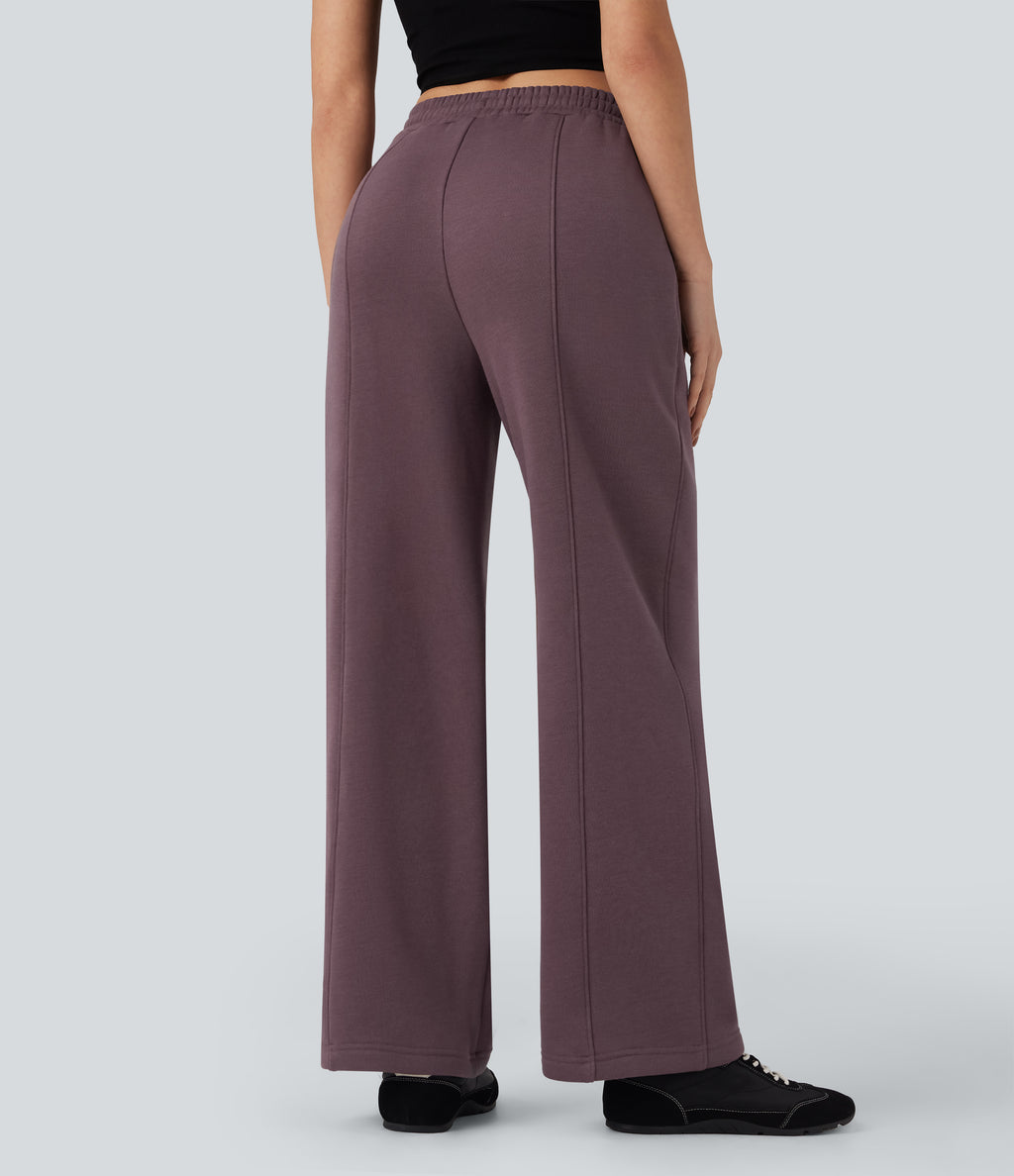 High Waisted Drawstring Straight Leg Fleece Casual Cotton Trousers with Pockets — Flint — view 3