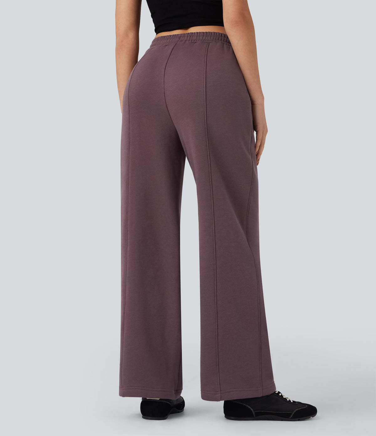 High Waisted Drawstring Straight Leg Fleece Casual Cotton Trousers with Pockets — Flint — view 3