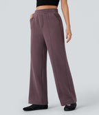 High Waisted Drawstring Straight Leg Fleece Casual Cotton Trousers with Pockets — Flint — view 4