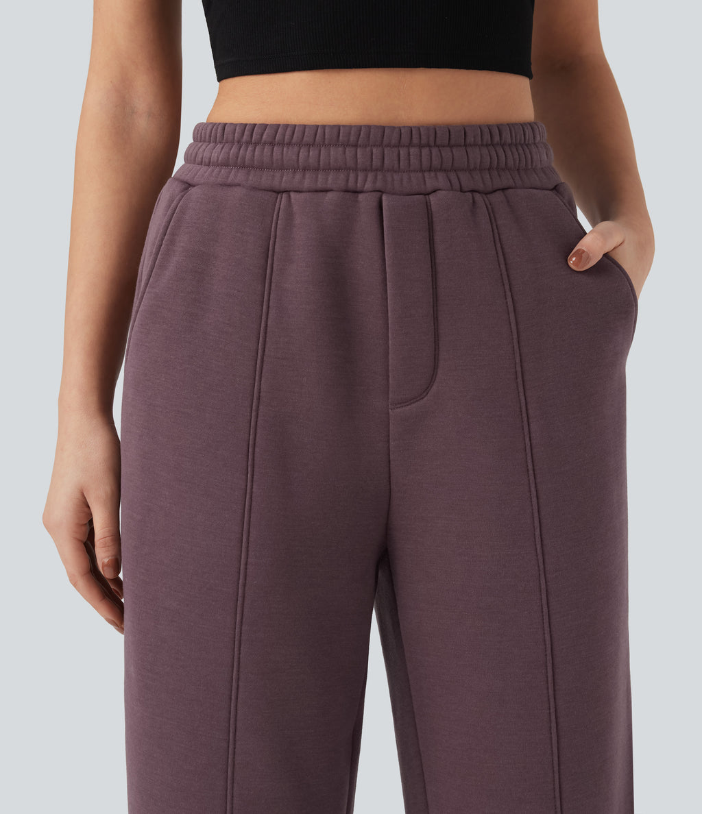 High Waisted Drawstring Straight Leg Fleece Casual Cotton Trousers with Pockets — Flint — view 6