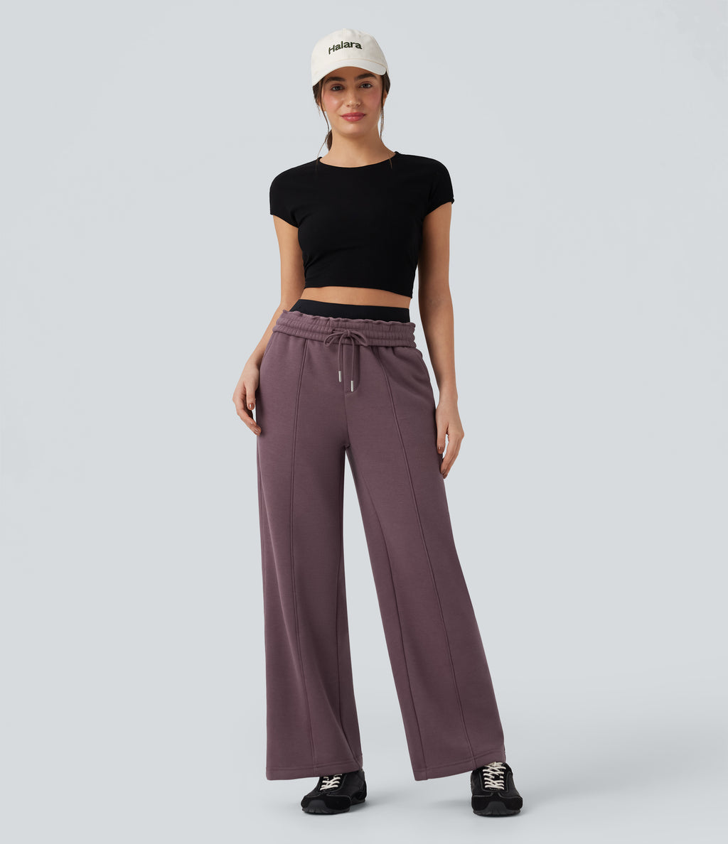 High Waisted Drawstring Straight Leg Fleece Casual Cotton Trousers with Pockets — Flint — view 8