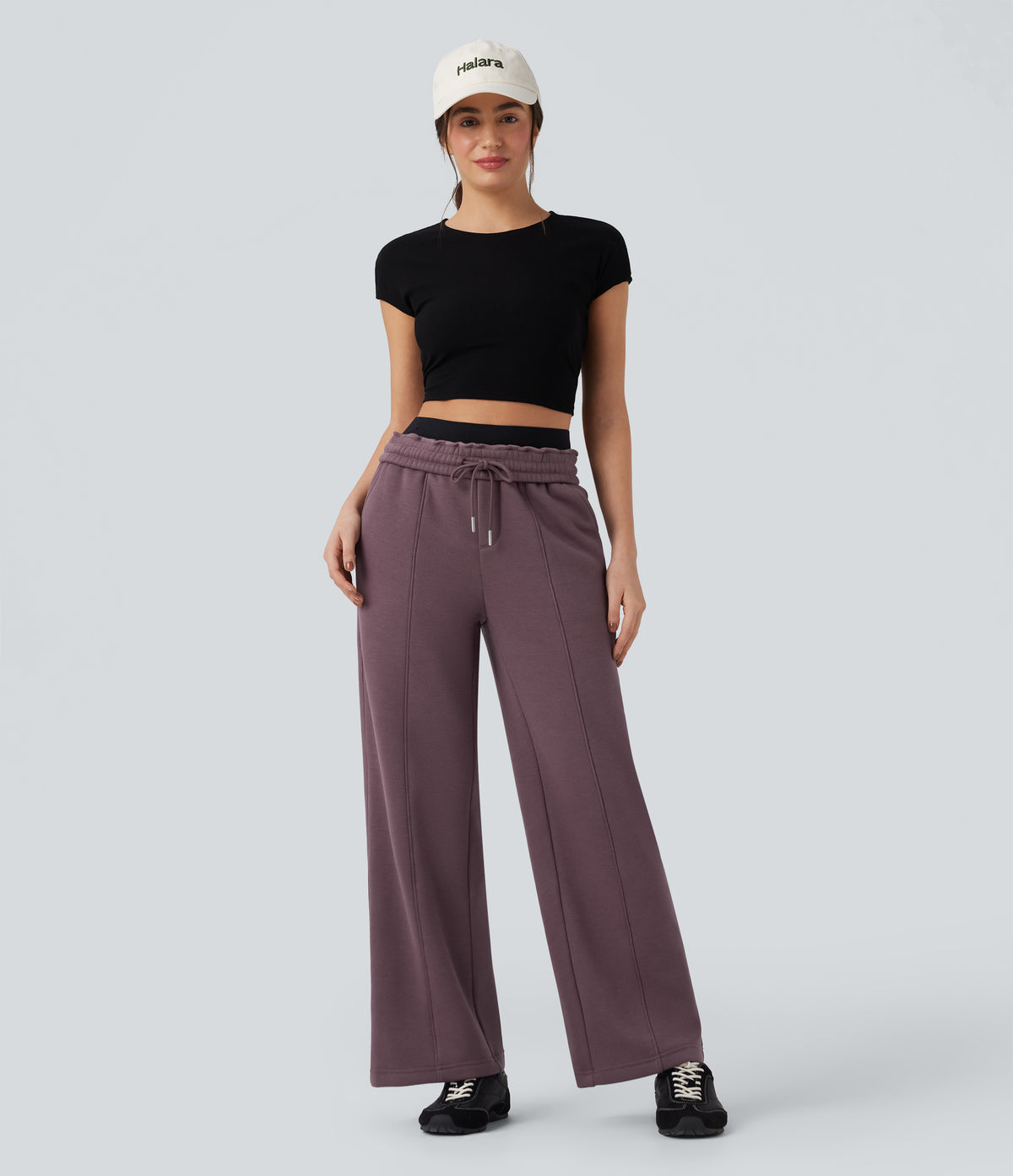 High Waisted Drawstring Straight Leg Fleece Casual Cotton Trousers with Pockets — Flint — view 8
