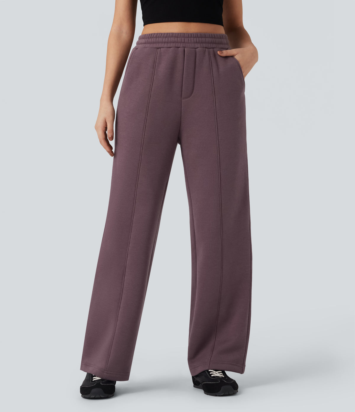 High Waisted Drawstring Straight Leg Fleece Casual Cotton Trousers with Pockets — Flint — view 2