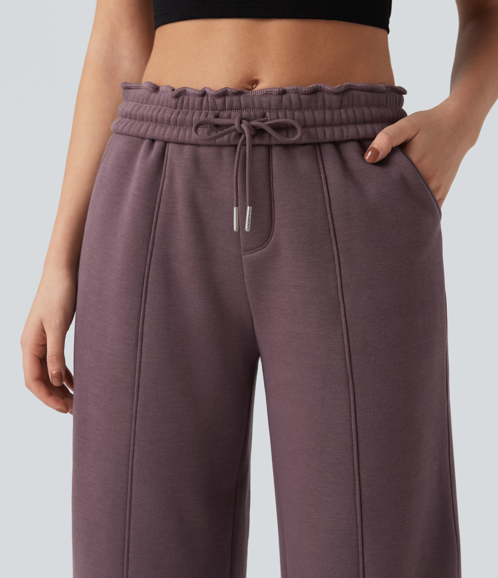 High Waisted Drawstring Straight Leg Fleece Casual Cotton Trousers with Pockets — Flint — view 5