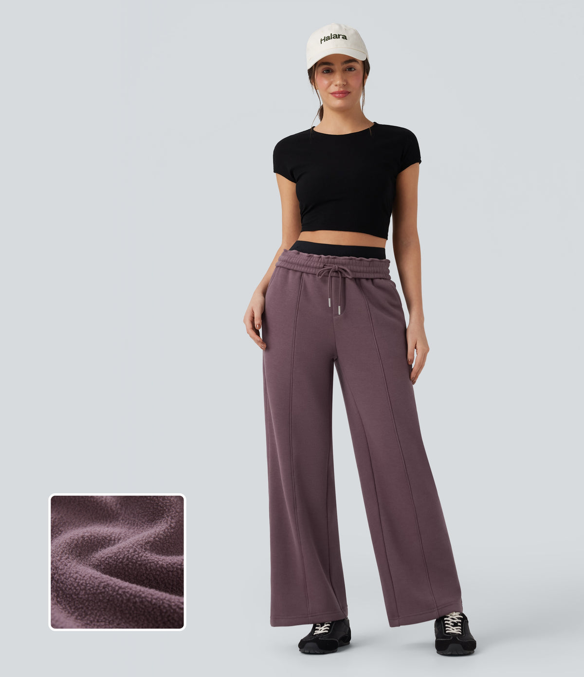 High Waisted Drawstring Straight Leg Fleece Casual Cotton Trousers with Pockets — Flint — view 1