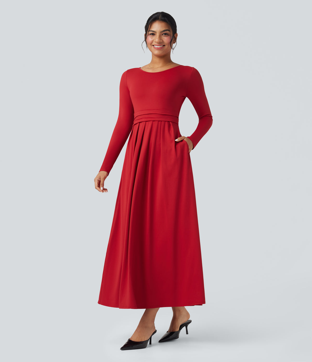 Scoop Neck Long Sleeve Flare Maxi Casual Dress with Pockets — Emboldened — view 1