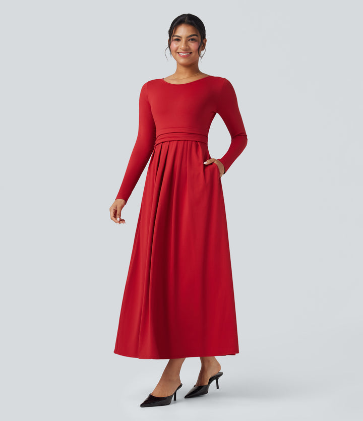 Scoop Neck Long Sleeve Flare Maxi Casual Dress with Pockets — Emboldened — view 1