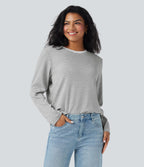 Round Neck Long Sleeve Stripes Relaxed Casual Top — Mist Grey Stripe — view 2