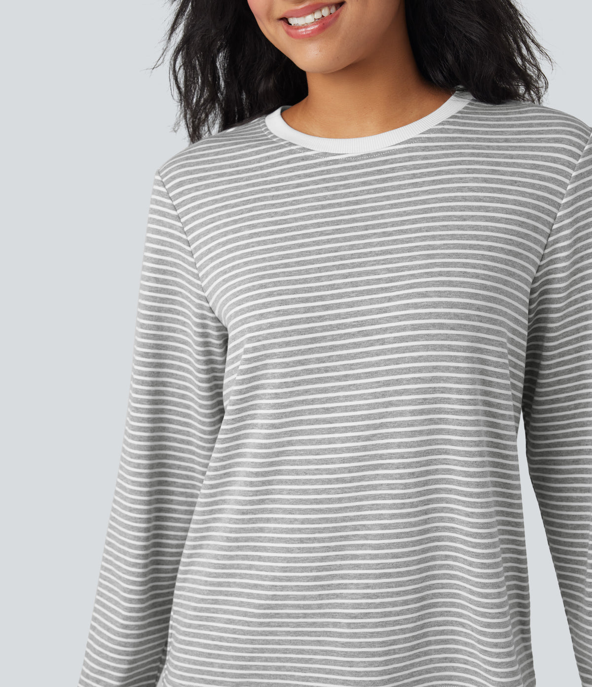 Round Neck Long Sleeve Stripes Relaxed Casual Top — Mist Grey Stripe — view 5