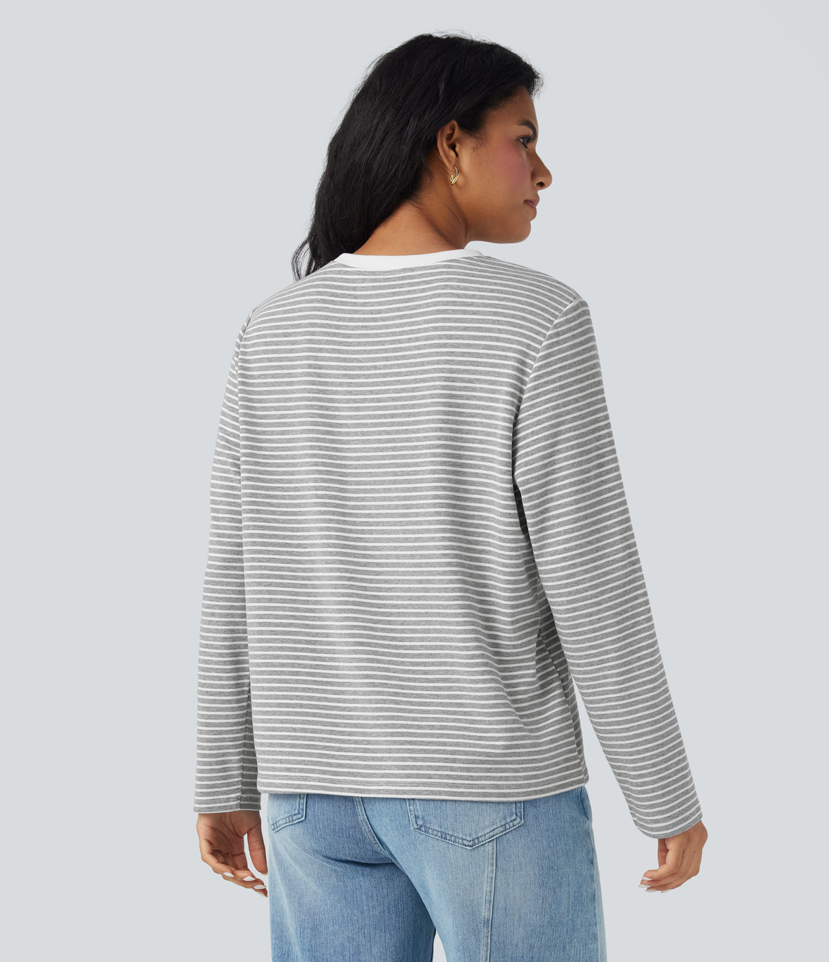 Round Neck Long Sleeve Stripes Relaxed Casual Top — Mist Grey Stripe — view 3