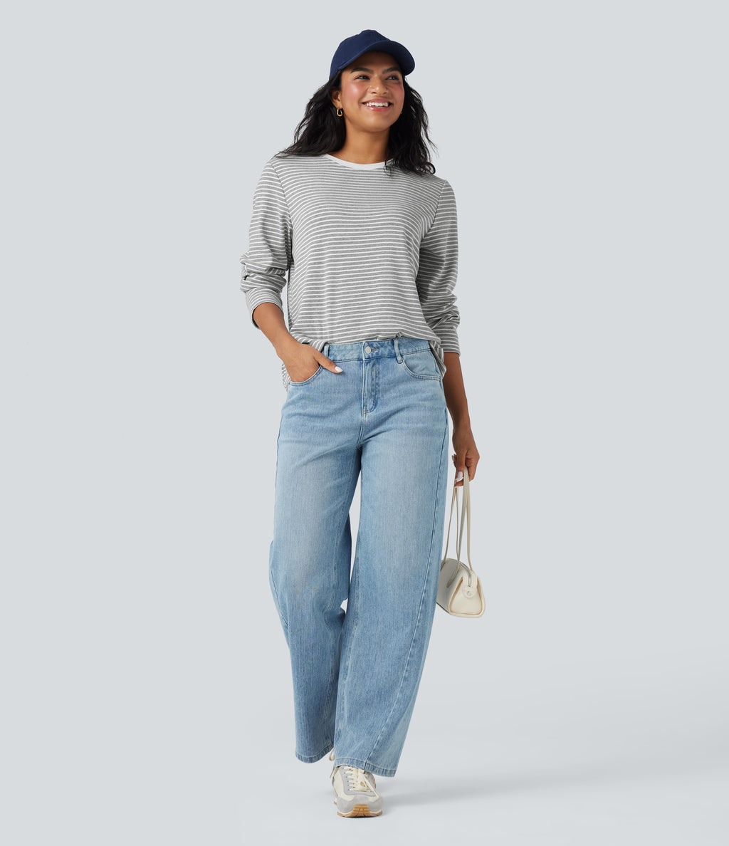 Round Neck Long Sleeve Stripes Relaxed Casual Top — Mist Grey Stripe — view 1