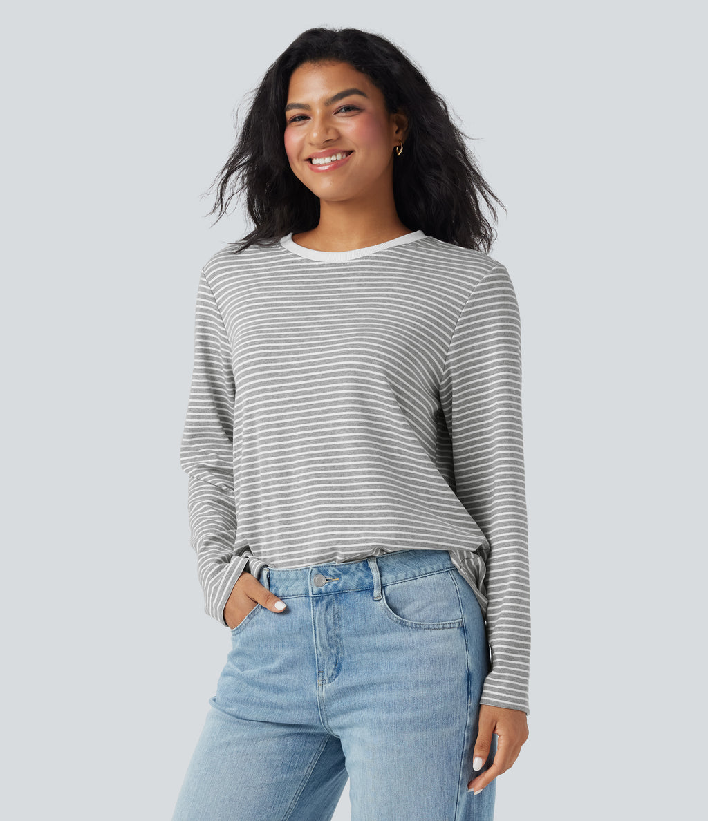 Round Neck Long Sleeve Stripes Relaxed Casual Top — Mist Grey Stripe — view 4