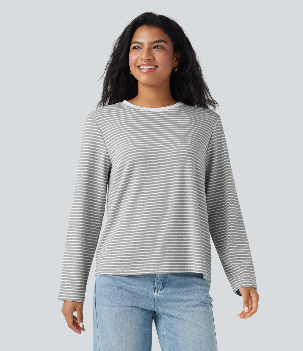 Round Neck Long Sleeve Stripes Relaxed Casual Top — Mist Grey Stripe — view 6