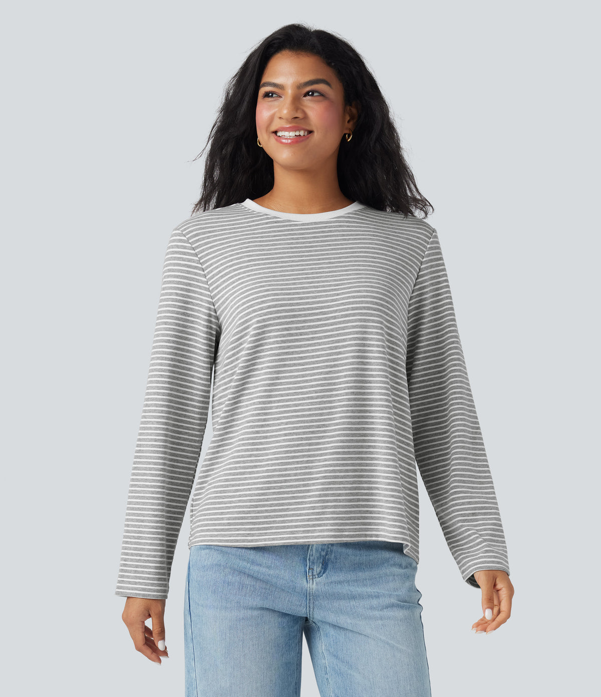 Round Neck Long Sleeve Stripes Relaxed Casual Top — Mist Grey Stripe — view 6
