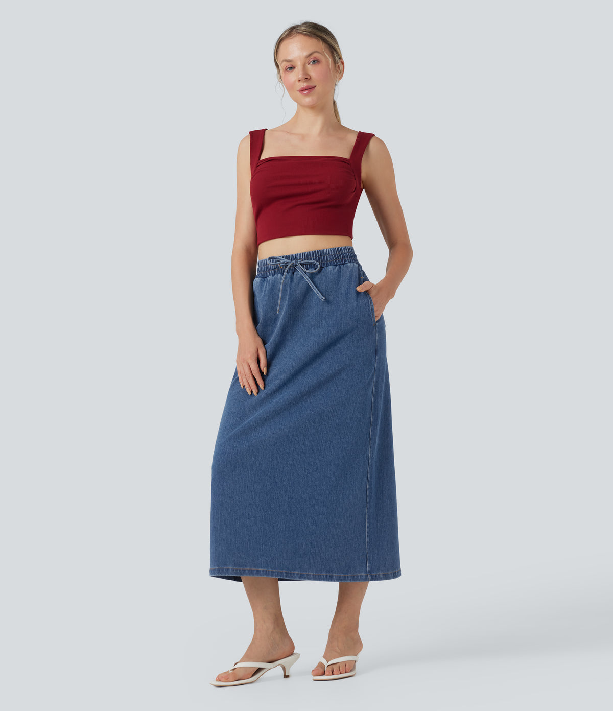 High Waisted Drawstring Split Midi Denim Casual Skirt with Pockets — Estate Blue Denim — view 7