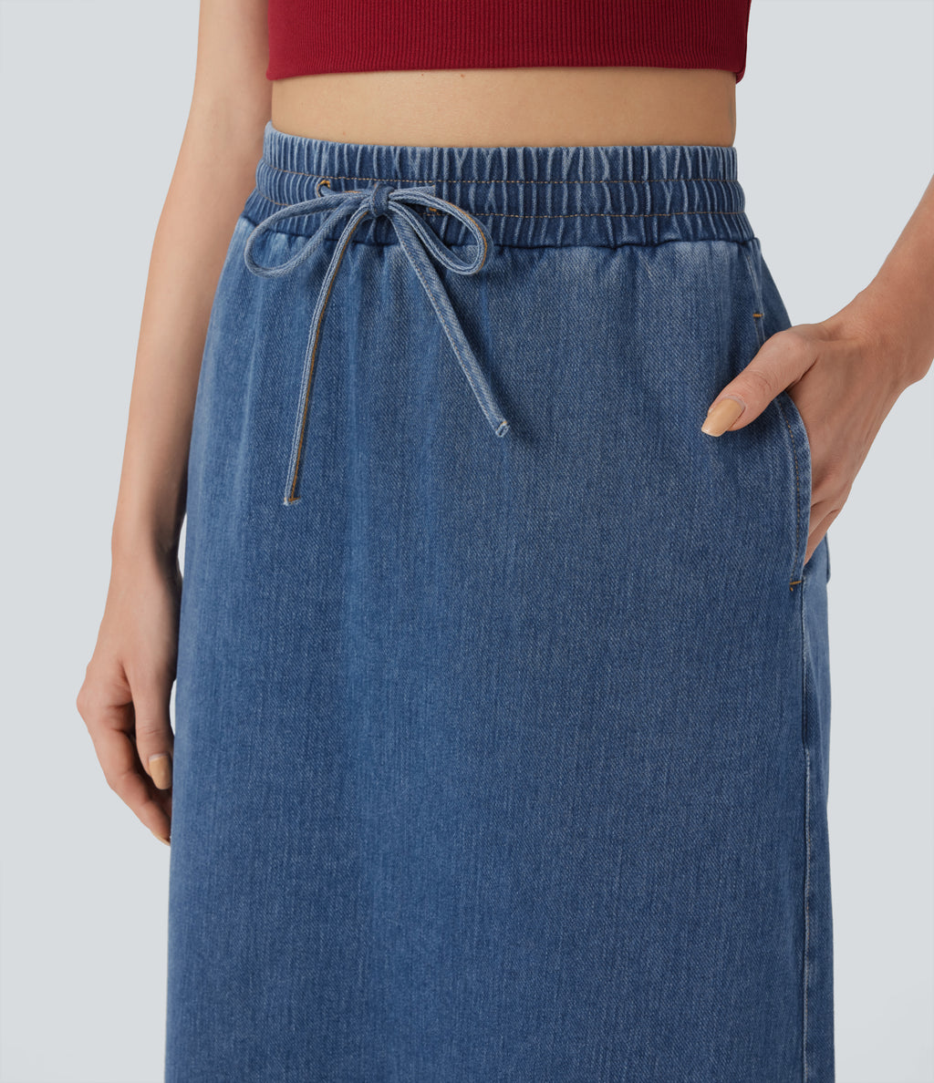 High Waisted Drawstring Split Midi Denim Casual Skirt with Pockets — Estate Blue Denim — view 4