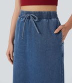 High Waisted Drawstring Split Midi Denim Casual Skirt with Pockets — Estate Blue Denim — view 4