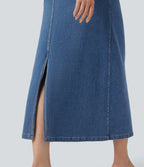 High Waisted Drawstring Split Midi Denim Casual Skirt with Pockets — Estate Blue Denim — view 6