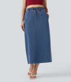 High Waisted Drawstring Split Midi Denim Casual Skirt with Pockets — Estate Blue Denim — view 1