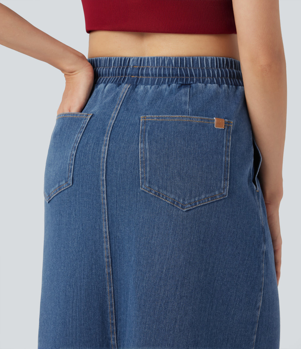 High Waisted Drawstring Split Midi Denim Casual Skirt with Pockets — Estate Blue Denim — view 5