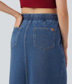 High Waisted Drawstring Split Midi Denim Casual Skirt with Pockets — Estate Blue Denim — view 5