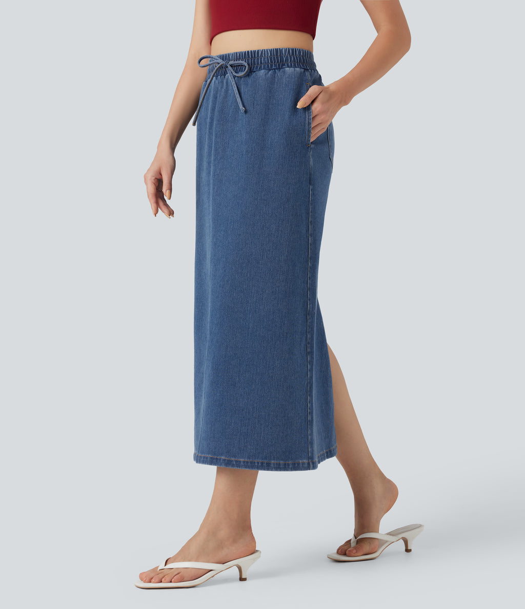 High Waisted Drawstring Split Midi Denim Casual Skirt with Pockets — Estate Blue Denim — view 3