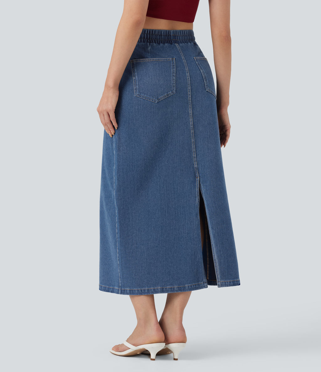 High Waisted Drawstring Split Midi Denim Casual Skirt with Pockets — Estate Blue Denim — view 2
