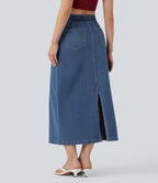 High Waisted Drawstring Split Midi Denim Casual Skirt with Pockets — Estate Blue Denim — view 2