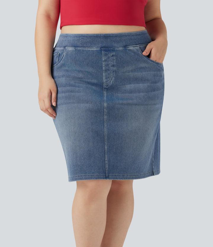 Plus Size High Waisted Washed Denim Casual Skirt with Pockets — Blue Gray Denim — view 1