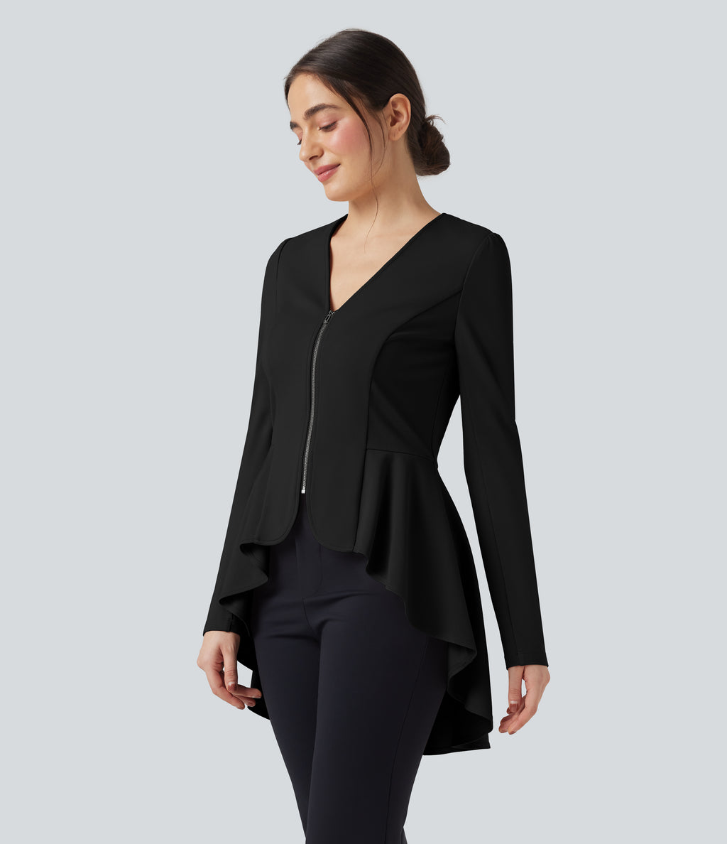 V Neck Long Sleeve Ruffe Hem High Low Work Coat — Black — view 1