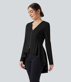 V Neck Long Sleeve Ruffe Hem High Low Work Coat — Black — view 1