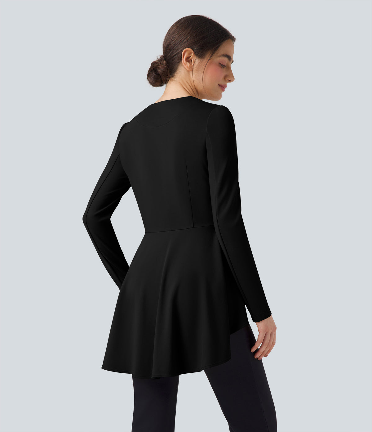 V Neck Long Sleeve Ruffe Hem High Low Work Coat — Black — view 2
