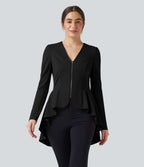 V Neck Long Sleeve Ruffe Hem High Low Work Coat — Black — view 3