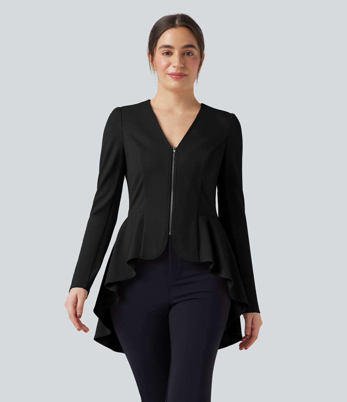 V Neck Long Sleeve Ruffe Hem High Low Work Coat — Black — view 3