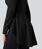 V Neck Long Sleeve Ruffe Hem High Low Work Coat — Black — view 6