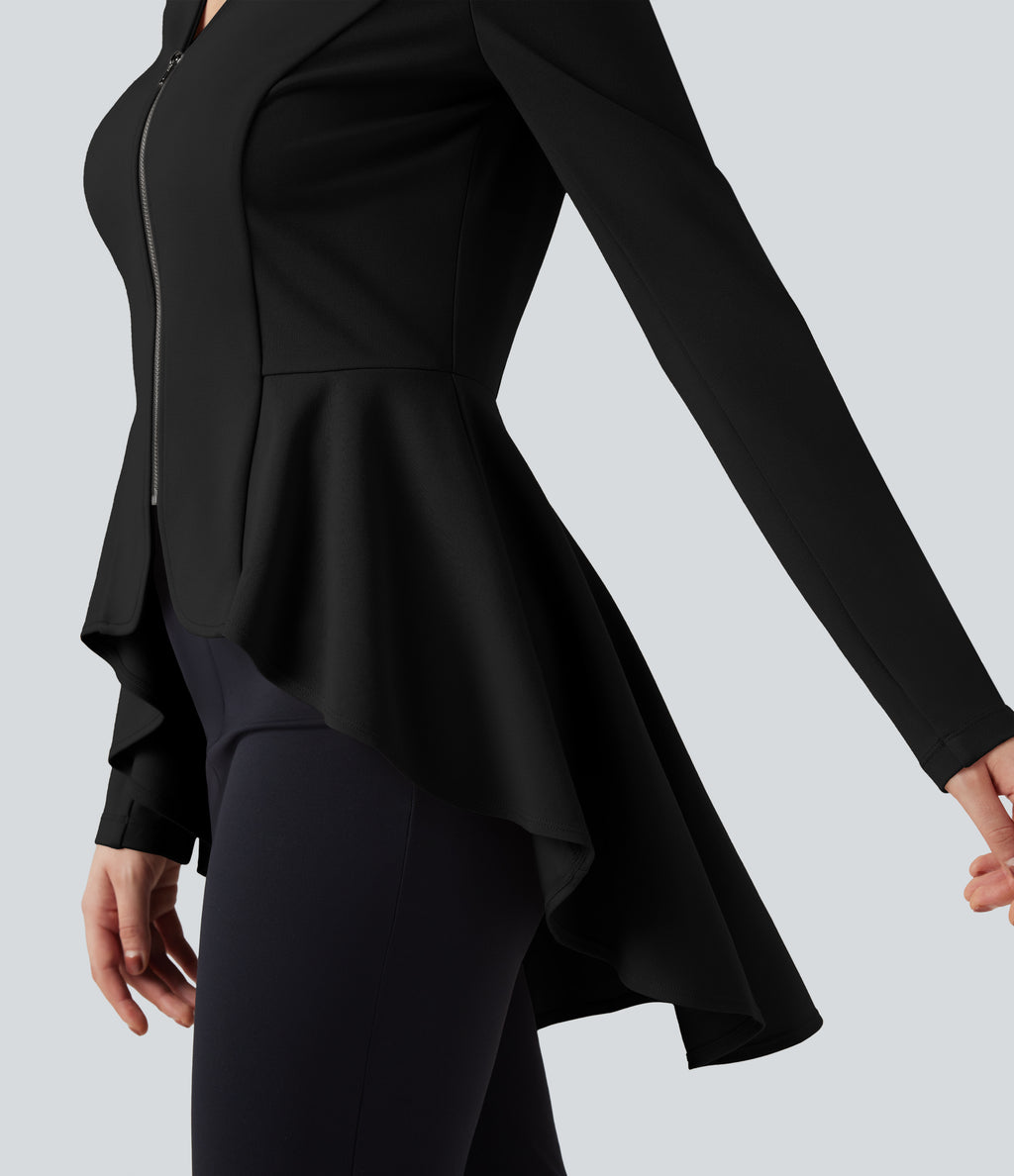 V Neck Long Sleeve Ruffe Hem High Low Work Coat — Black — view 7